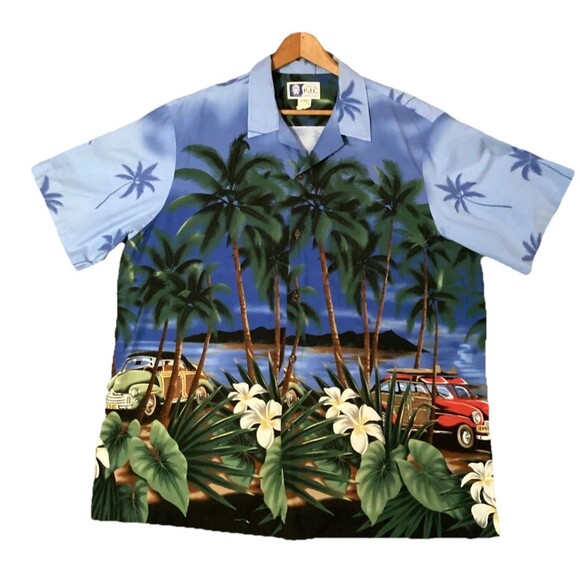 RJC Men’s Vtg Hawaiian Shirt 2XL Blue White Station Wagon Cars Aloha Pocket - Picture 1 of 16